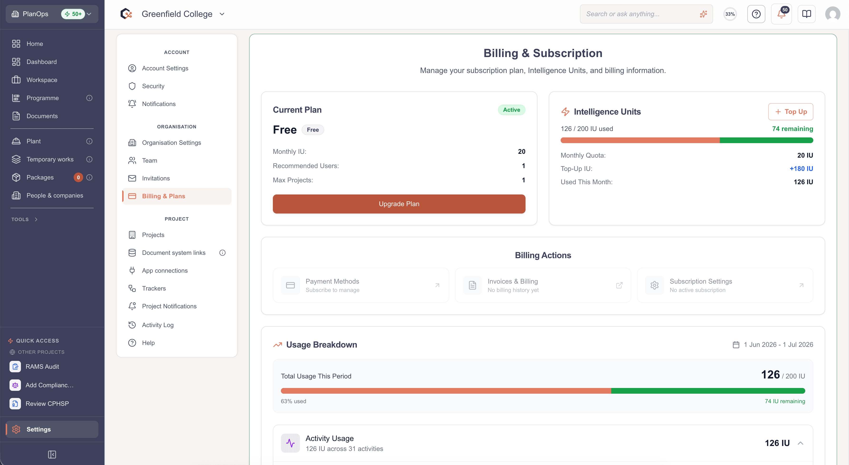 PlanOps IU Usage Dashboard showing transparent pricing and usage tracking